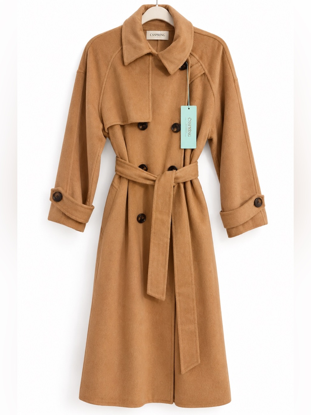 NWT CSSPRING Camel Wool Blend Belted Trench Coat L Long Double Breasted